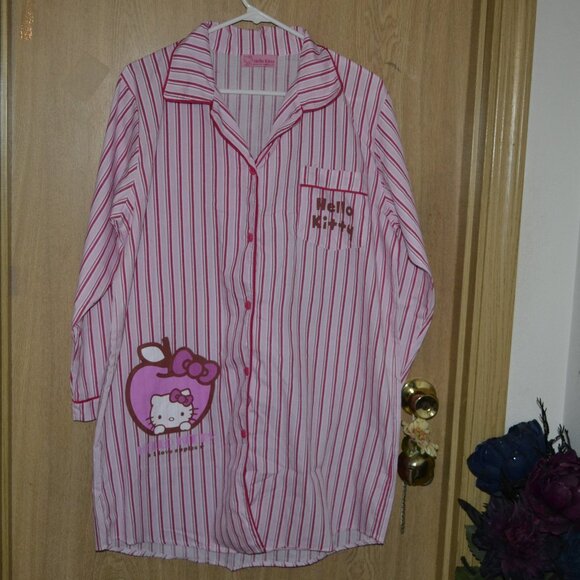 Hello Kitty Sanrio Apple Striped Button Down Sleep Pj Shirt Dress - Picture 1 of 7